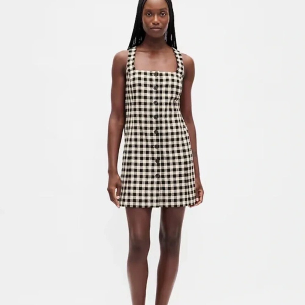 GAP Linen-Blend Button-Front Mini Dress Black Gingham Shift Size Medium - Picture 2 of 9